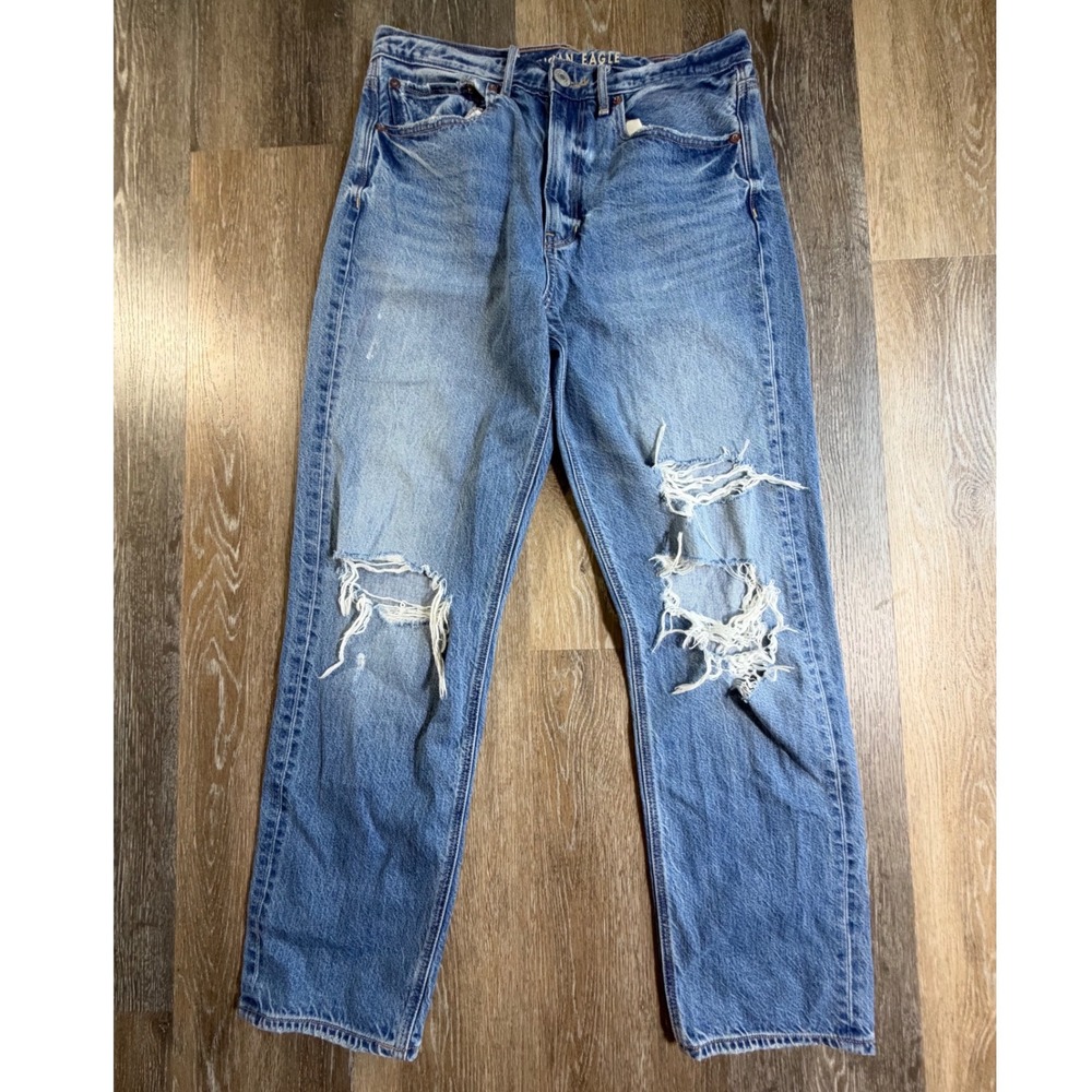 American Eagle 90s Boyfriend Jeans Womens 6 Long Blue Distressed High Rise Rigid